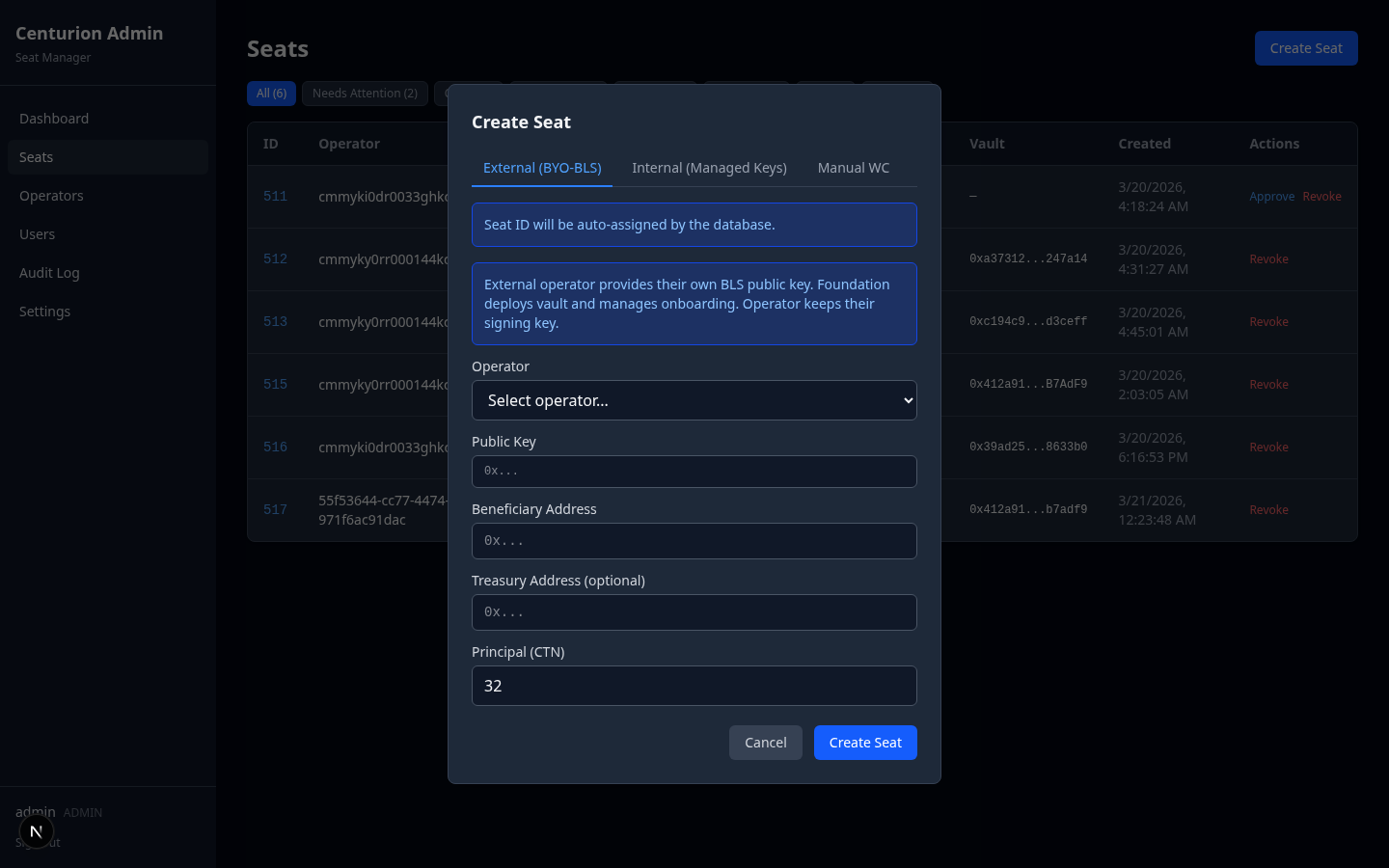 Create Seat — BYO-BLS tab
