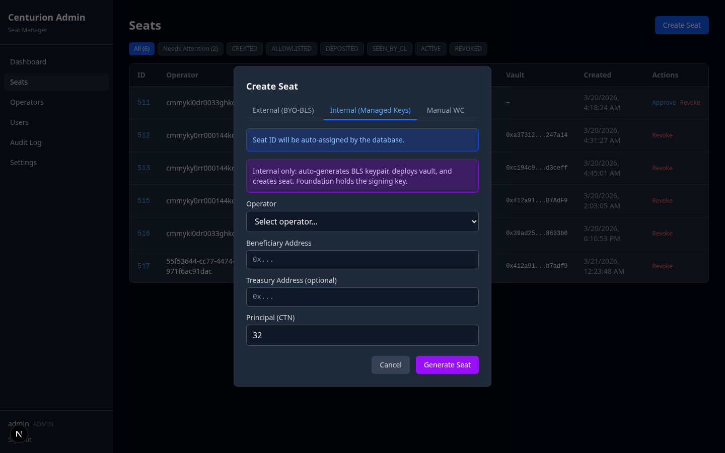 Create Seat — Internal tab