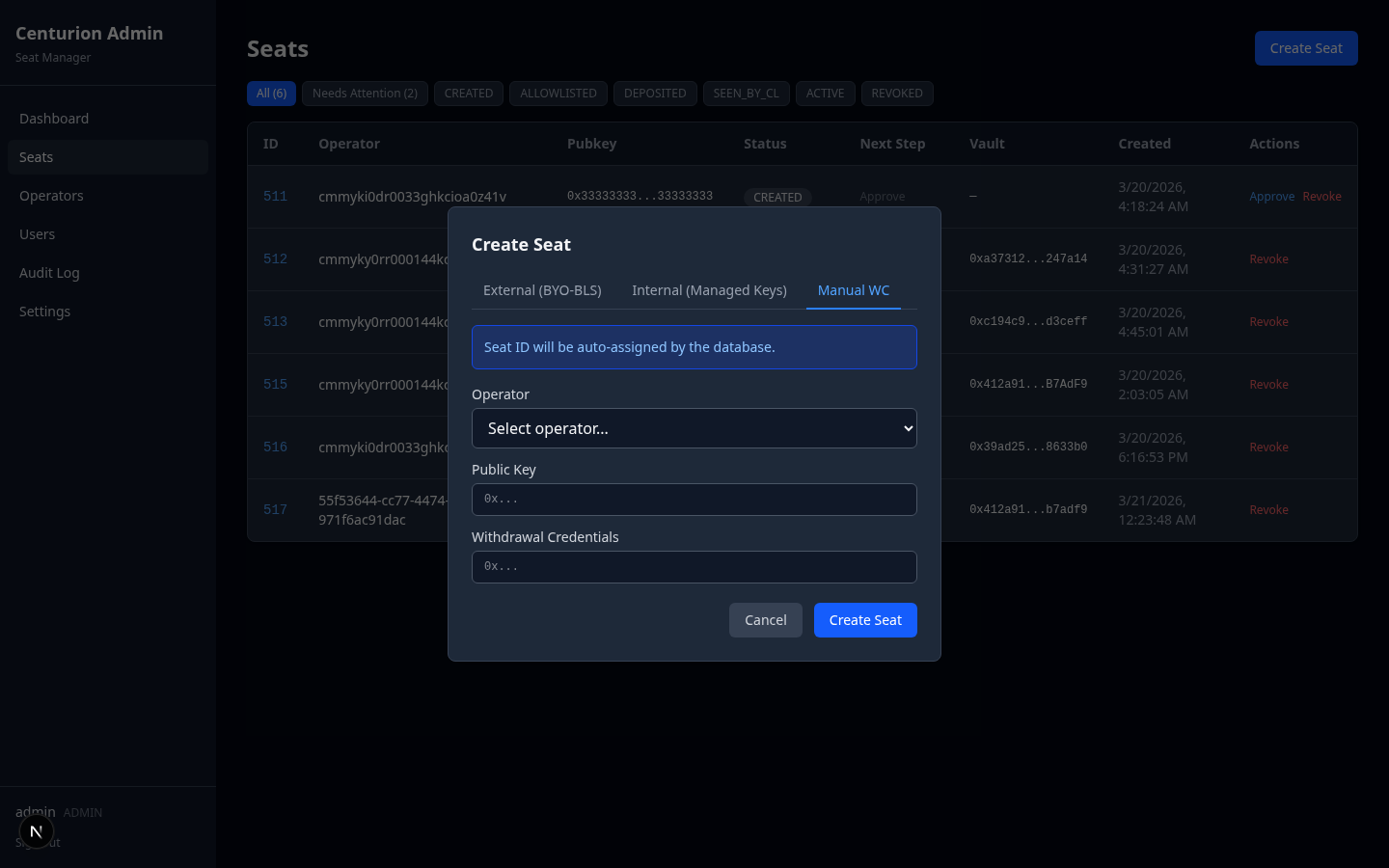 Create Seat — Manual WC tab