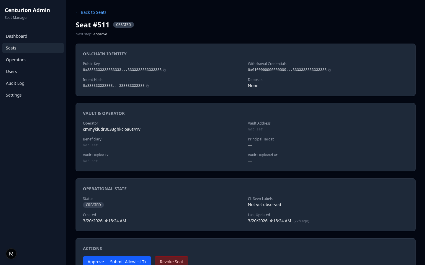 Seat detail — identity and vault