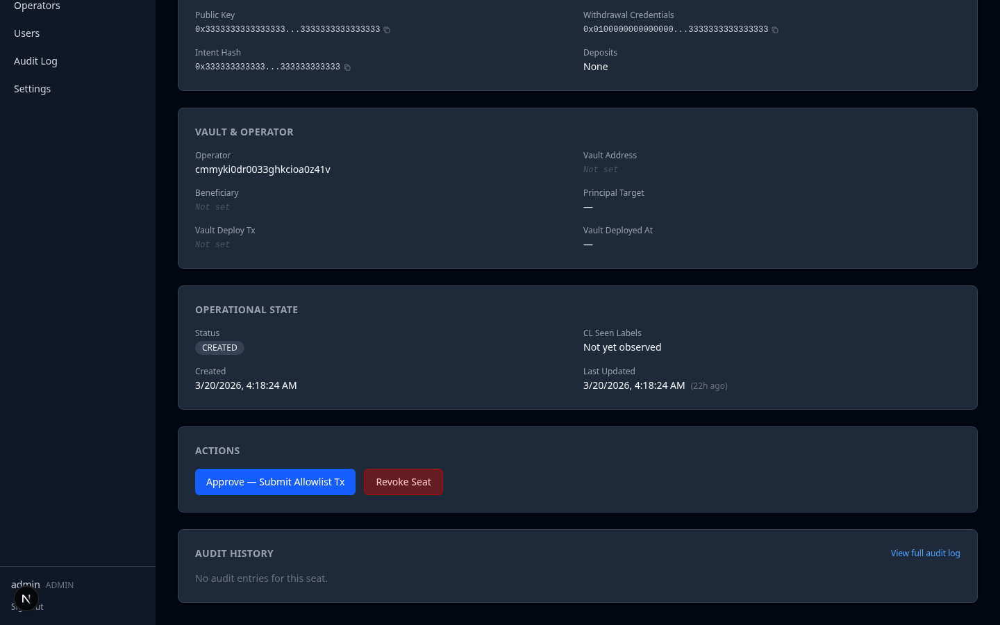 Seat detail — actions and audit